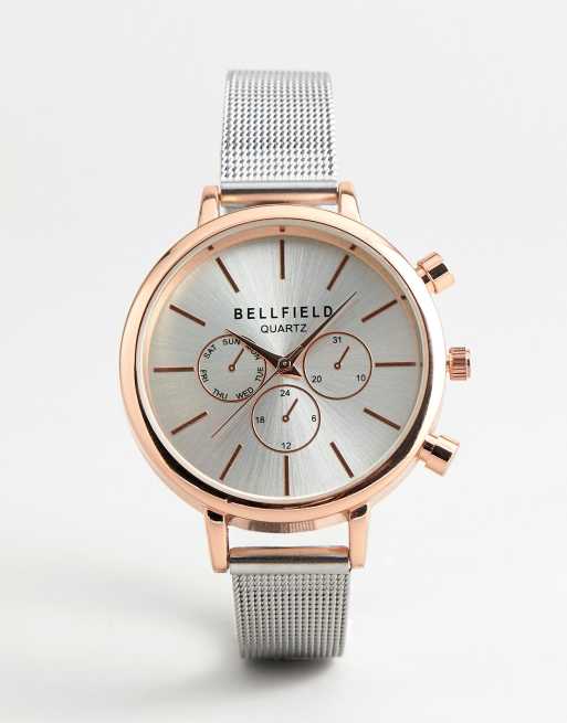 Bellfield - Orologio cronografo con cinturino argento e cassa oro rosa