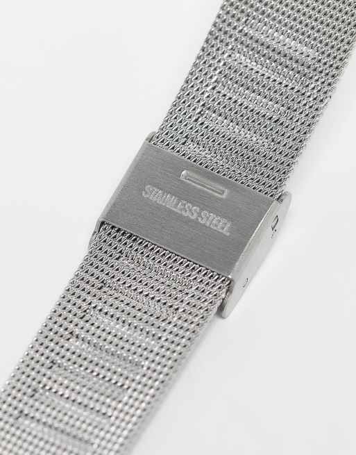 Bellfield - Orologio minimal con cinturino in maglia argento con quadrante quadrato, 3 di 4