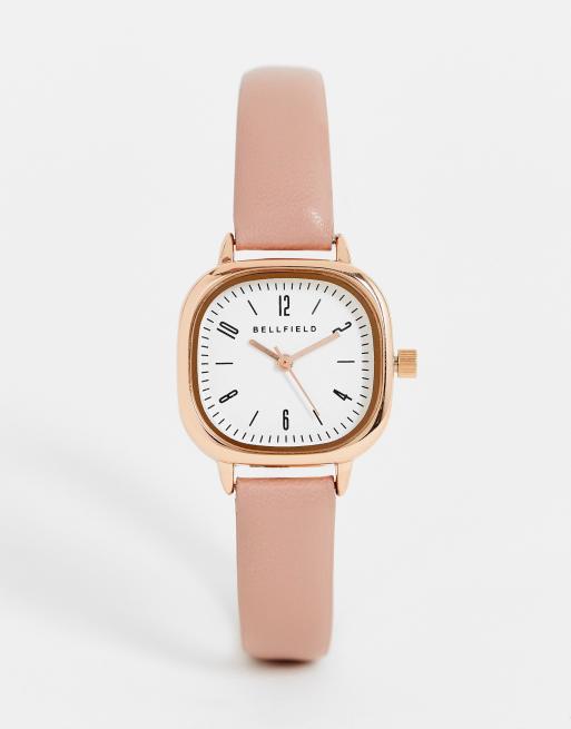 Bellfield - Orologio minimal con cinturino in pelle color cipria con quadrante squadrato