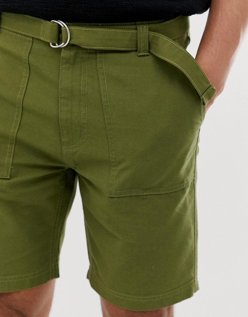 Bellfield - Pantaloncini cargo multitasche a fondo ampio con cintura-Verde
