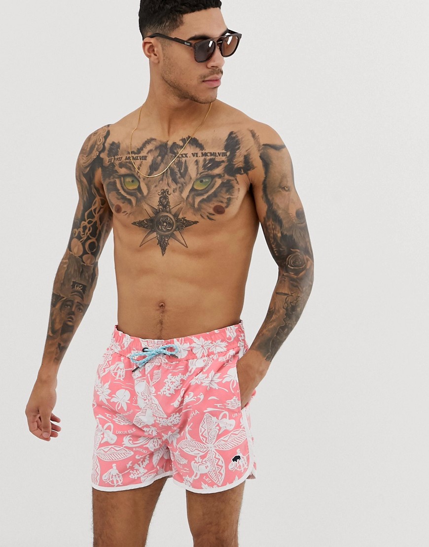 Bellfield - Pantaloncini da bagno rosa con stampa hawaiana