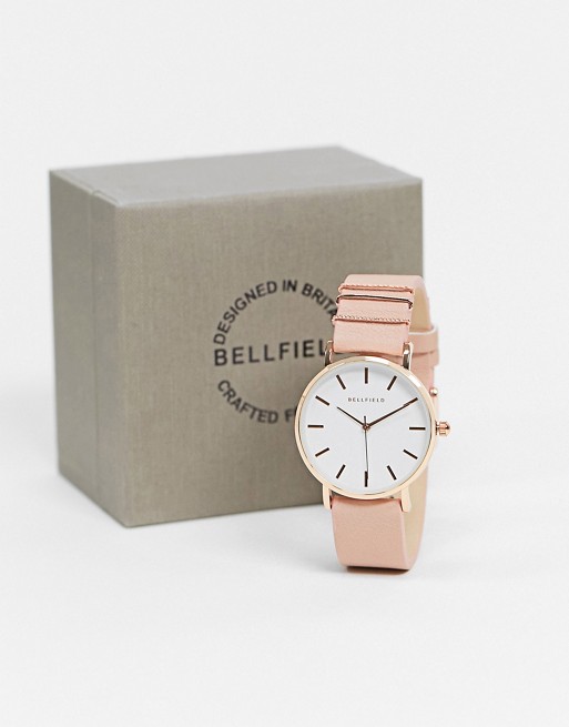 Bellfield pink strap watch with white dial in rose gold