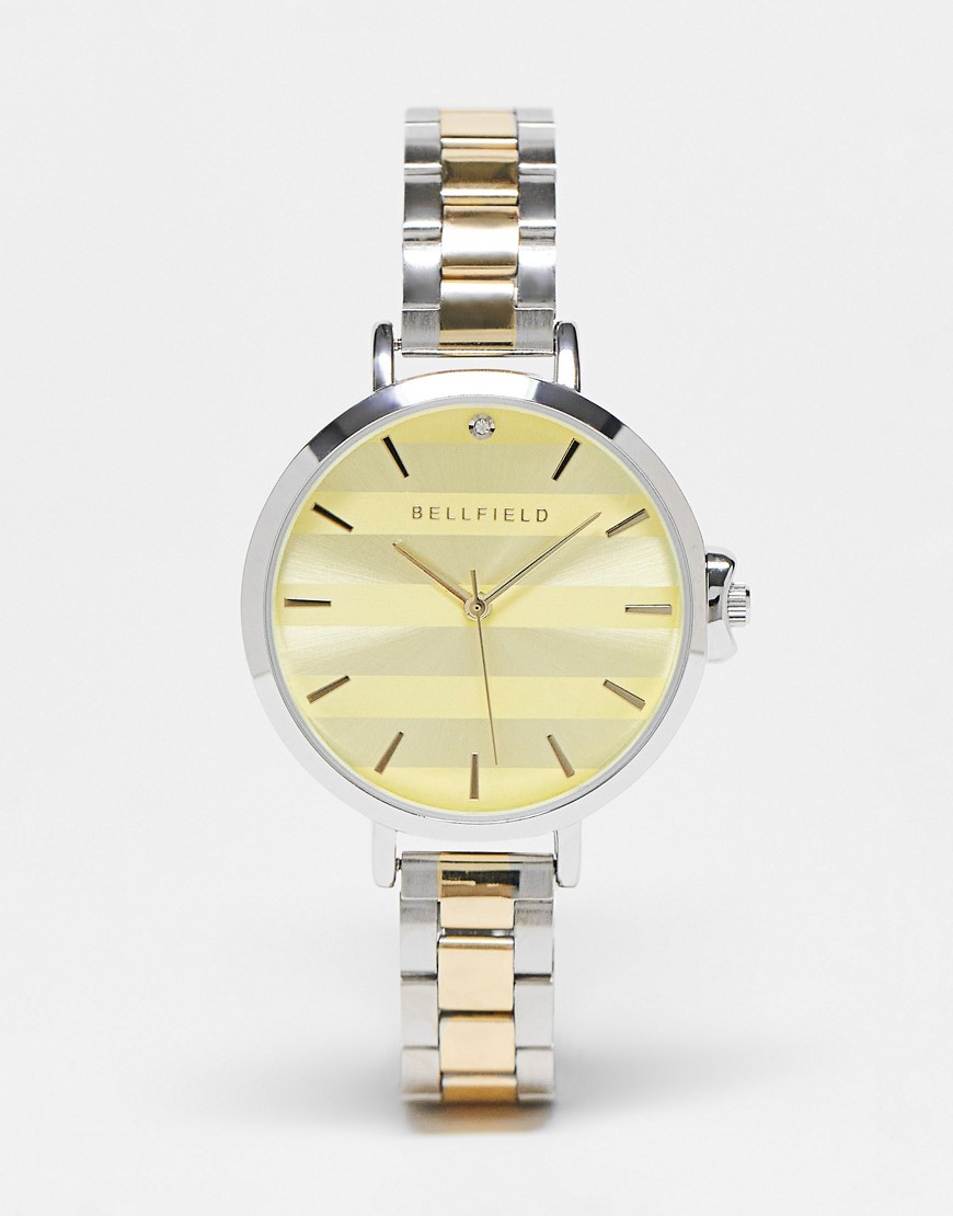 bellfield slim link bracelet strap watch with oversized dial in gold and silver-multi