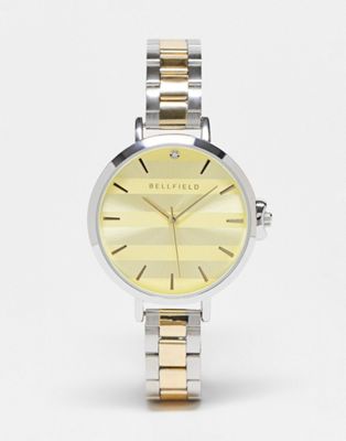 Bellfield slim link bracelet strap watch with oversized dial in gold and silver - Click1Get2 Deals