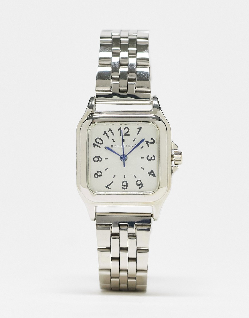 bellfield slimline link strap watch with square dial in silver