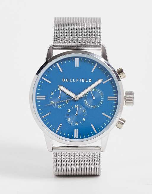 Bellfield - Sølvfarvet armbåndsur med mesh-rem og blå urskive i krom
