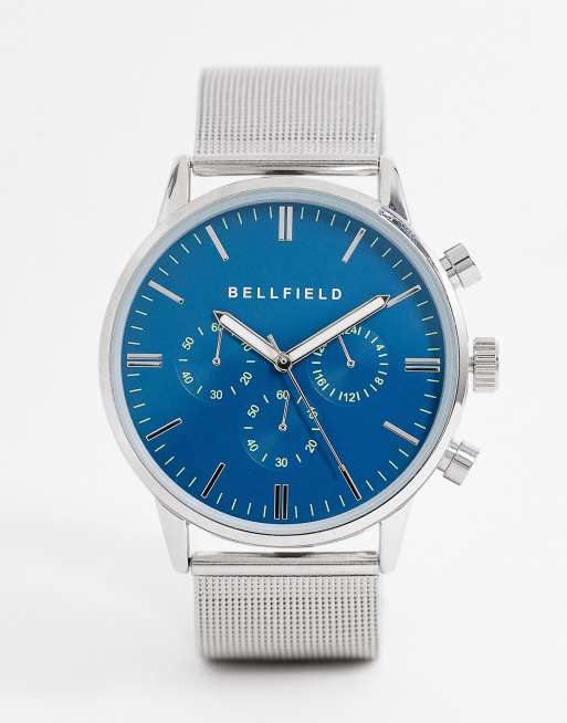 Bellfield - Sølvfarvet armbåndsur med mesh-rem og blå urskive i rustfrit stål