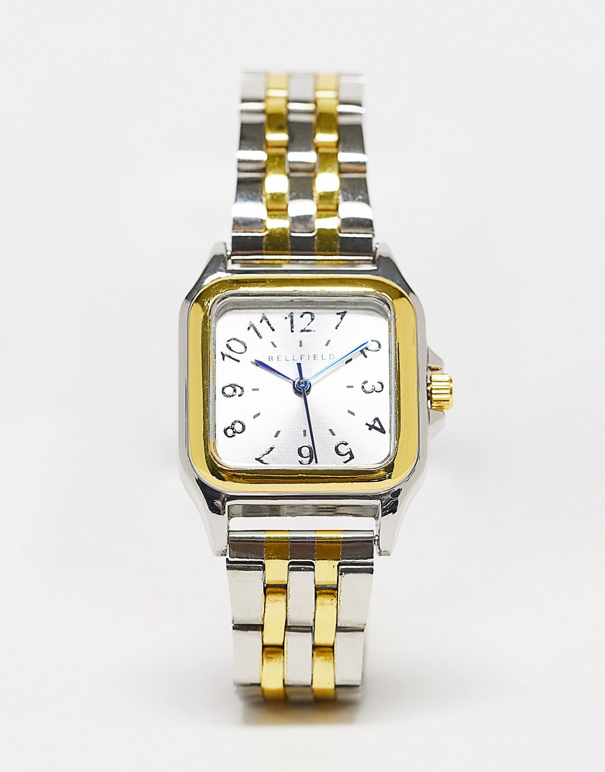 bellfield square bracelet watch in gold and silver-multi