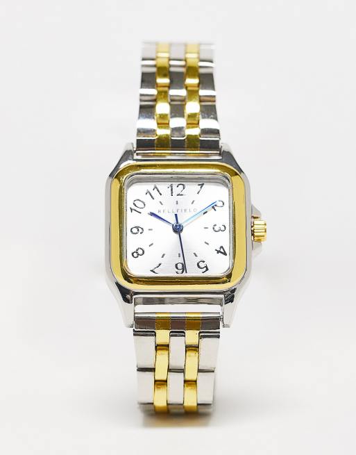 Bellfield square bracelet watch in gold and silver ASOS