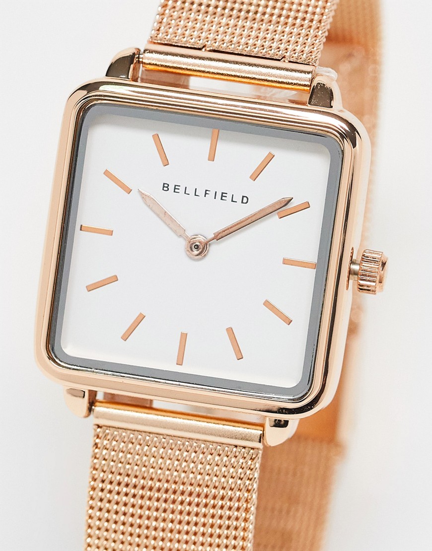 bellfield stainless steel mesh strap watch with square face in rose gold
