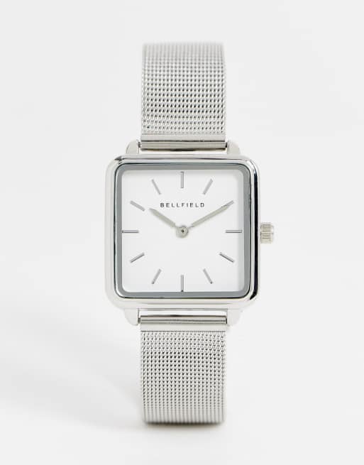 Bellfield stainless steel mesh strap watch with square face in