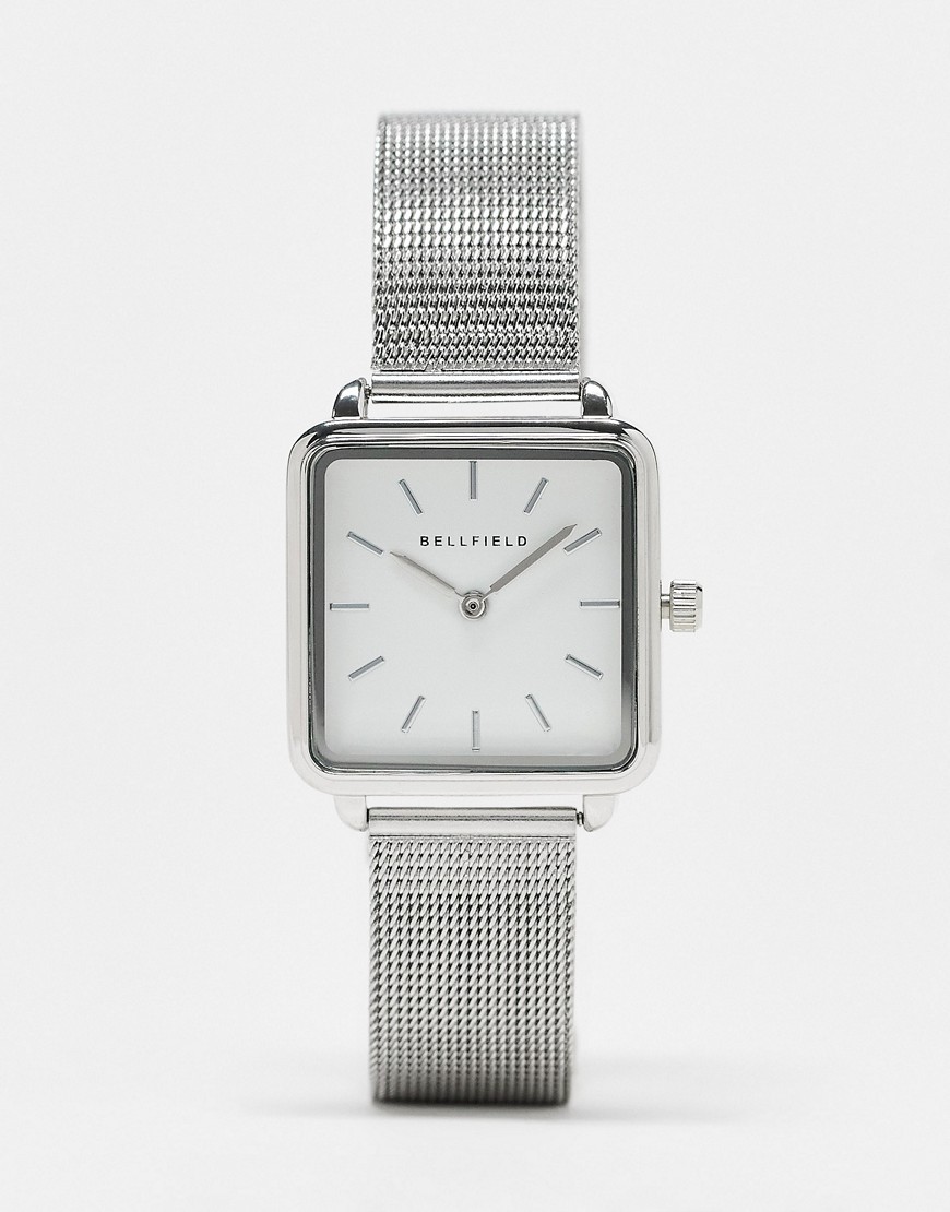 Bellfield stainless steel mesh strap watch with square face in silver