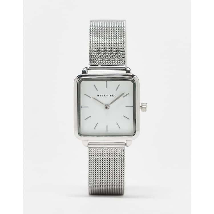 Bellfield stainless steel mesh strap watch with square face in silver