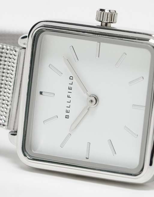 Bellfield stainless steel mesh strap watch with square face