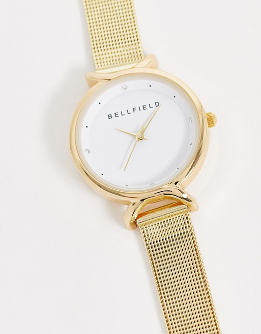 Bellfield stainless steel mesh watch in gold
