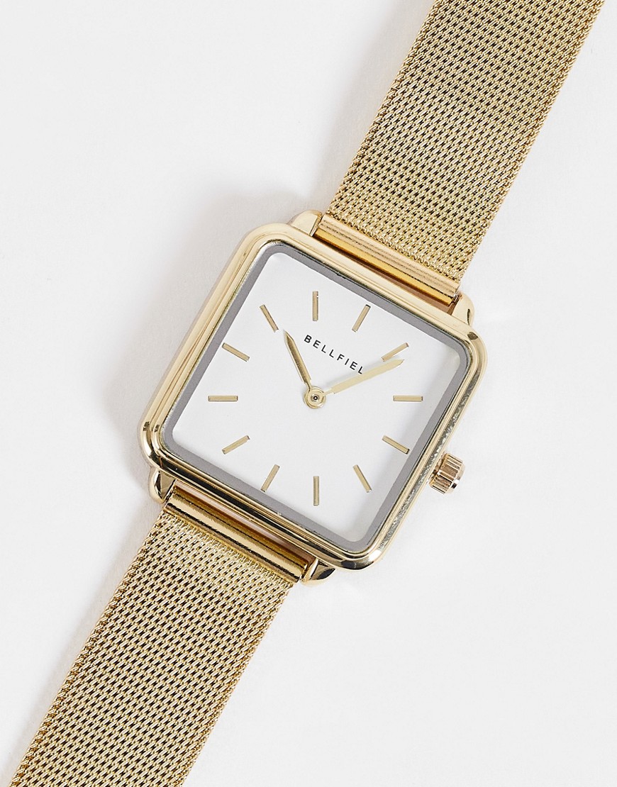 Bellfield stainless steel mesh watch with square dial in gold