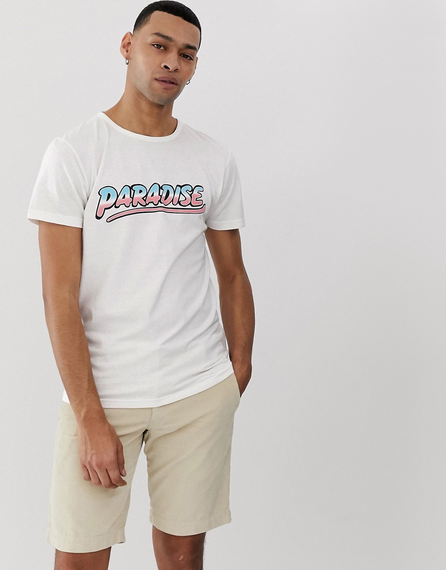 Bellfield - T-shirt bianca con scritta paradise obliqua-Bianco