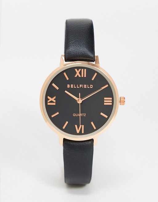 Bellfield watch with black strap and rose gold dial