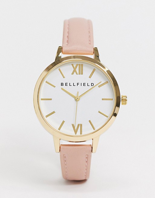 Bellfield watch with pink strap and white dial