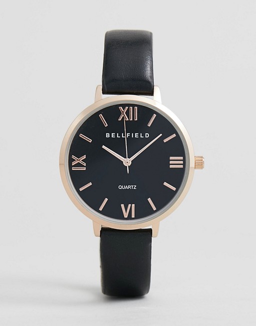 Bellfield Watch With Rose Gold Case and Black Strap