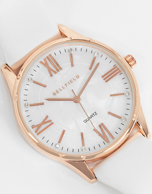 Bellfield watch with white strap and rose gold dial