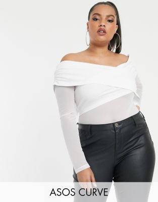 фото Белое боди с открытыми плечами и сетчатыми рукавами asos design curve-белый asos curve