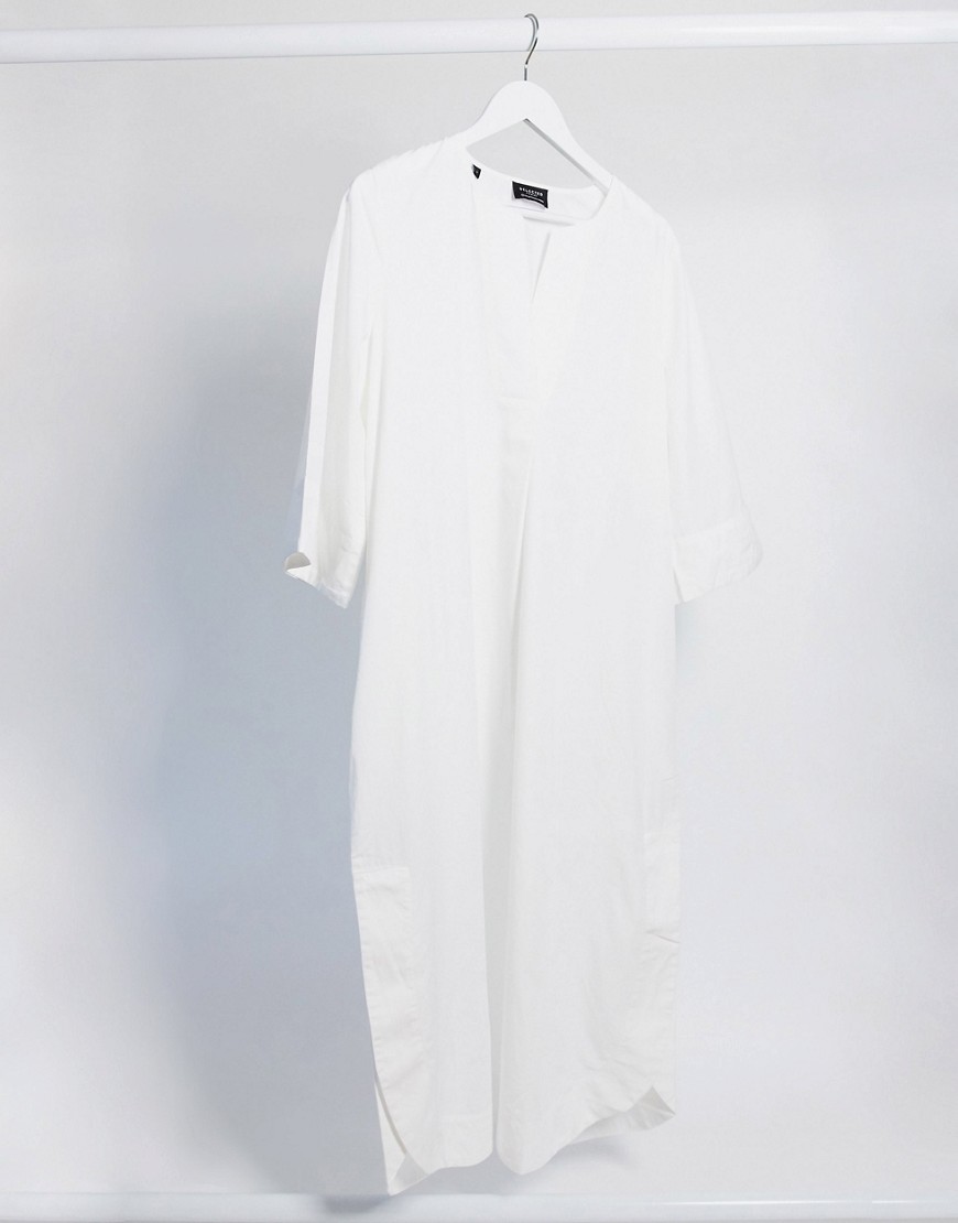 фото Белое платье-футболка миди с разрезом selected femme-белый