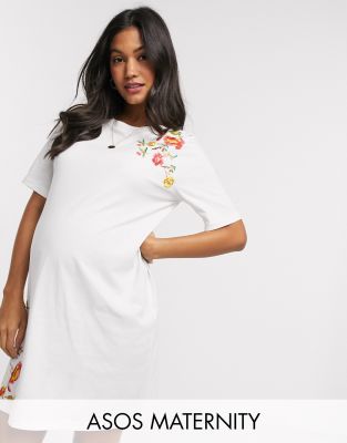 фото Белое платье-футболка мини с вышивкой asos design maternity-белый asos maternity