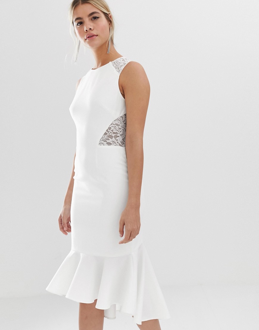 фото Белое платье миди с кружевными вставками chi chi london-белый