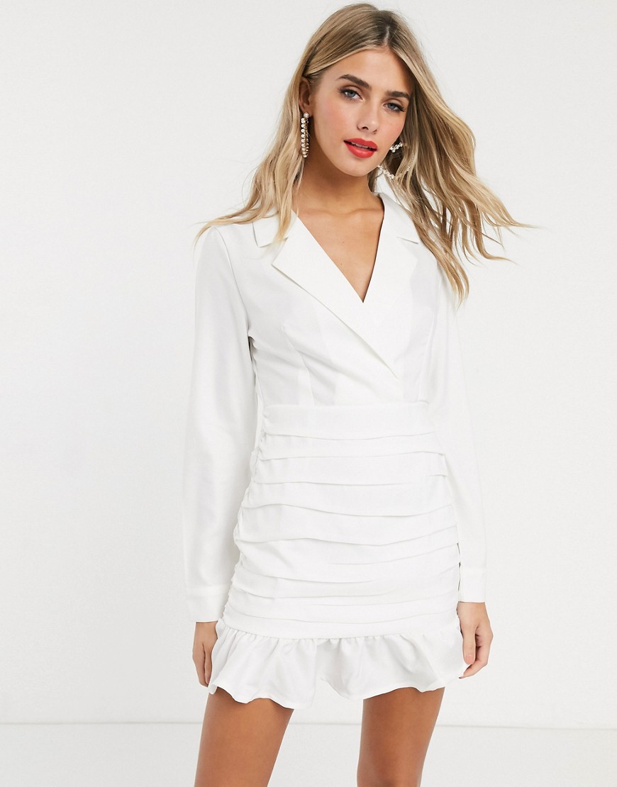 фото Белое платье-пиджак мини с глубоким вырезом и сборками in the style-белый