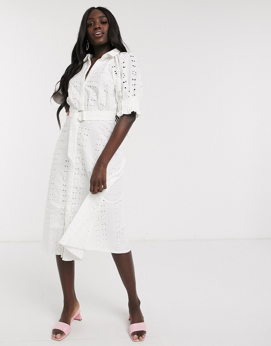 Белое платье-рубашка миди с пышными рукавами, поясом и вышивкой ришелье ASOS DESIGN-Белый