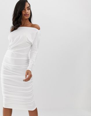 фото Белое трикотажное платье миди с длинными рукавами scarlet rocks-белый
