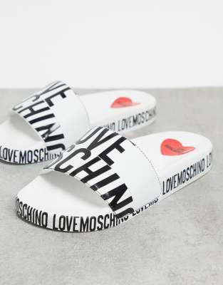 Дизайнерская обувь Белые шлепанцы с логотипом Love Moschino-Черный цвет