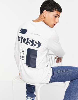 фото Белый лонгслив с крупным принтом на спине boss athleisure togn 2