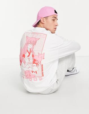 Футболки с принтом Белый oversized-лонгслив с принтом в стиле аниме на спине ASOS DESIGN