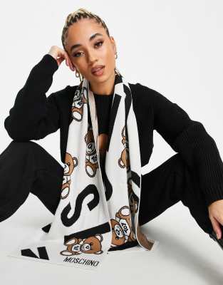 Шарфы и кейпы Белый шарф с принтом плюшевых мишек и логотипом Moschino