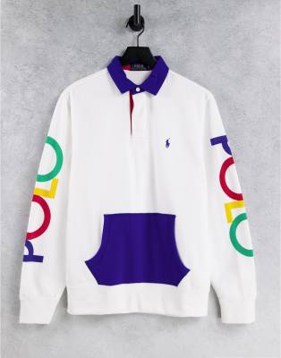   Asos Белый свитшот в стиле регби с радужным логотипом на рукавах и контрастным воротником поло Polo Ralph Lauren