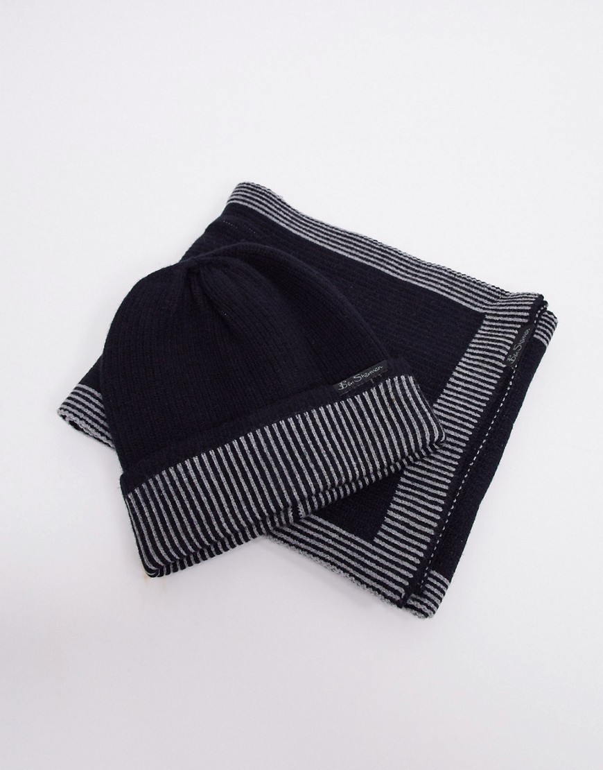 Ben Sherman – Benton – Set med mössa och halsduk i svart med grått