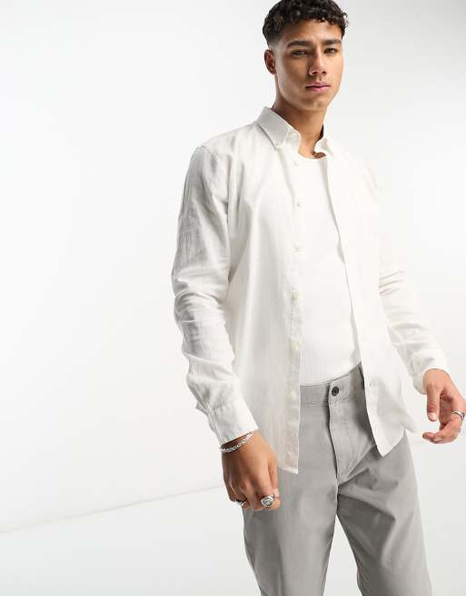 Ben Sherman – Biała lniana koszula z długimi rękawami