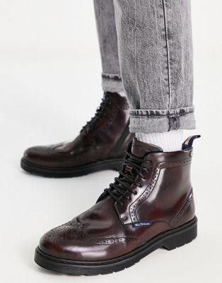 Ben Sherman leather chunky brogue boots in burgundy - ASOS Price Checker