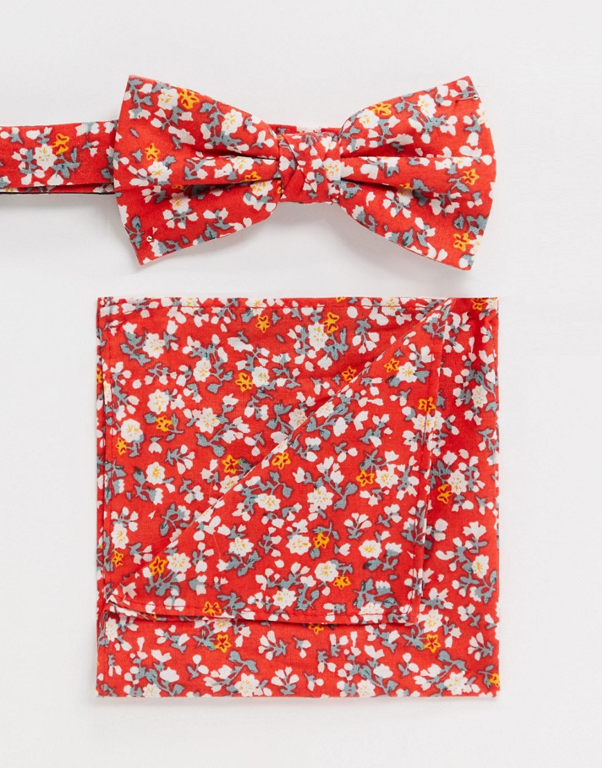 Ben Sherman bow tie and pocket square set-Red