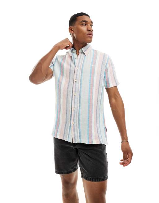 Ben Sherman - Camicia a maniche corte blu a righe multicolore