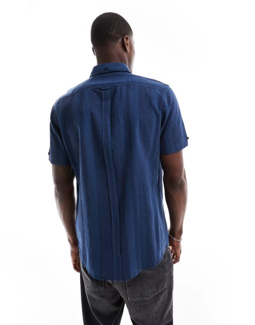 Ben Sherman - Camicia a maniche corte in misto lino blu scuro a righe, 2 di 4