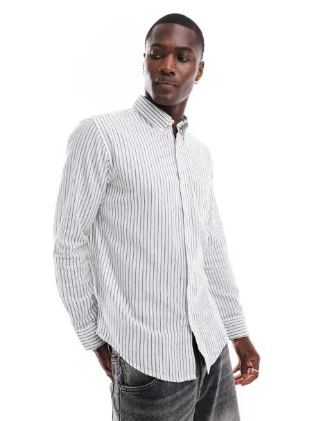 Ben Sherman - Camicia a maniche lunghe in lino a righe ampie bianca - view 1
