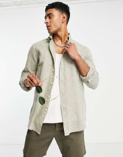 Ben Sherman - Camicia in lino color kaki a maniche lunghe