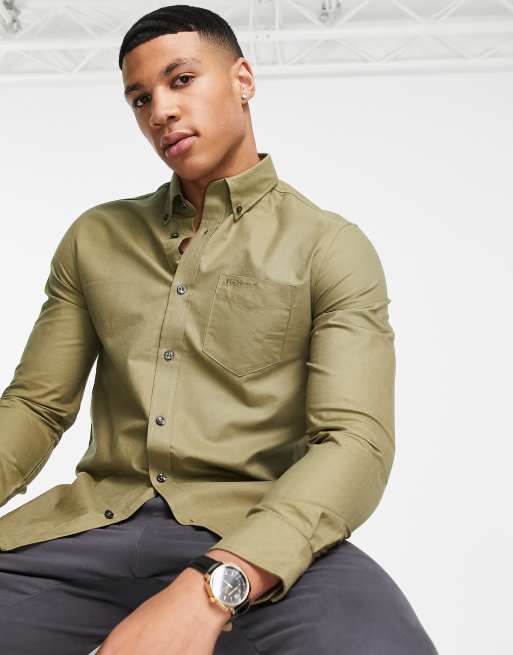 Ben Sherman - Camicia Oxford color kaki a maniche lunghe