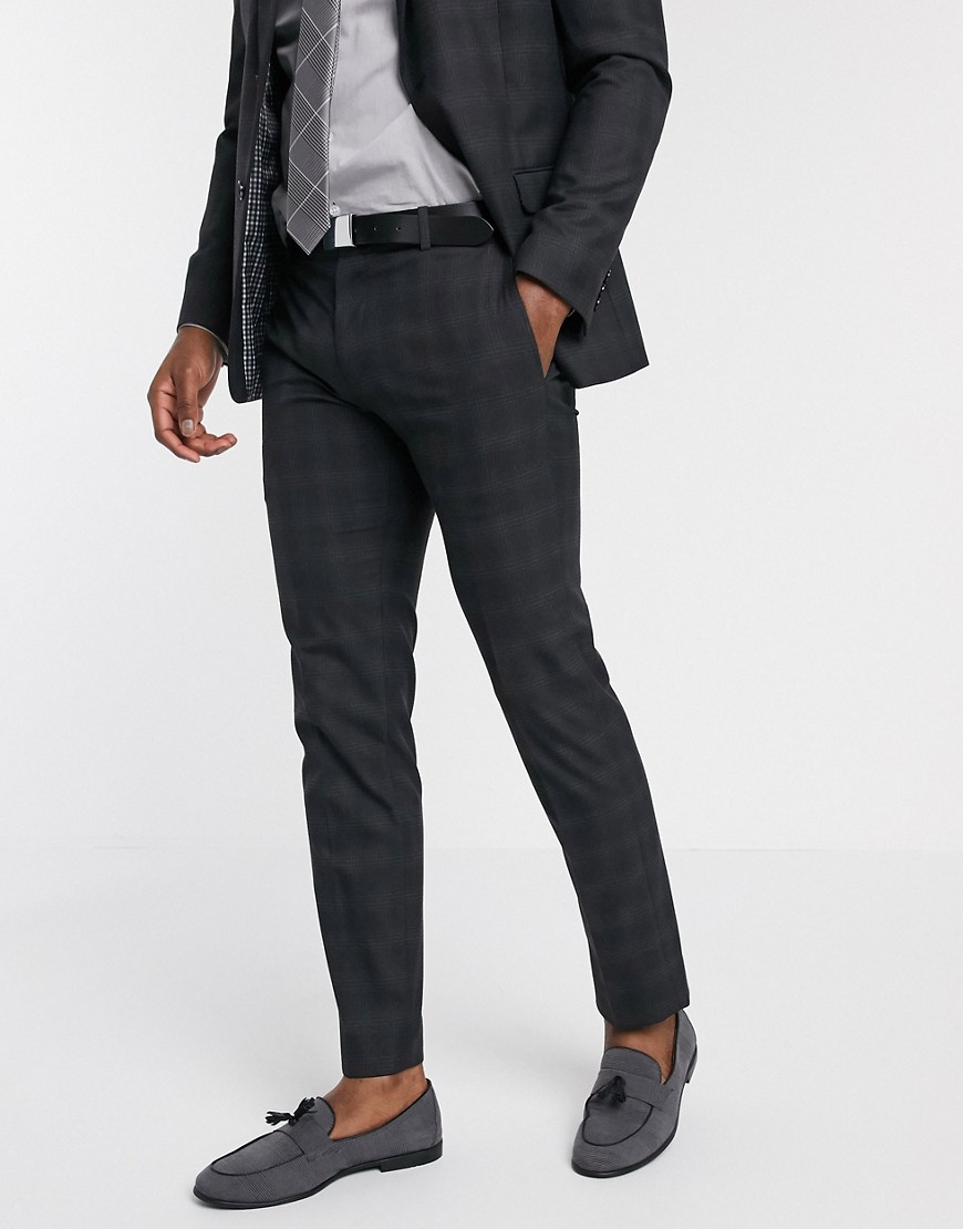 Ben Sherman charcoal plaid check slim fit suit trousers-Grey