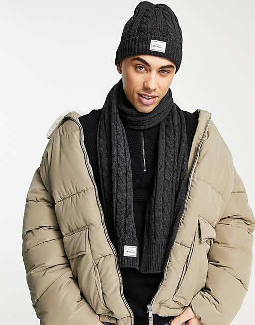 Ben Sherman chunky cable rib beanie hat and scarf gift set in charcoal