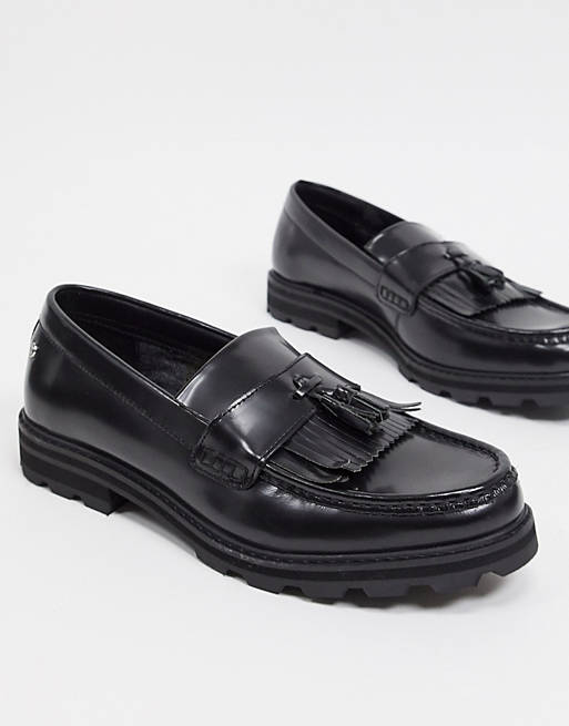 Ben Sherman chunky tassel loafers in black high shine leather | ASOS