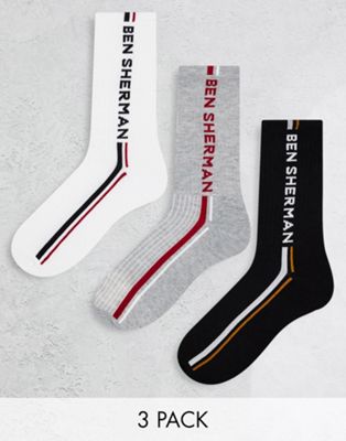 Ben Sherman Colonel 3 pack sports socks in black white and grey